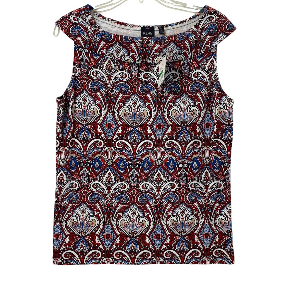 Rafaella Top Women Large Knit Sleeveless Boat Neck Red White Blue Print Summer